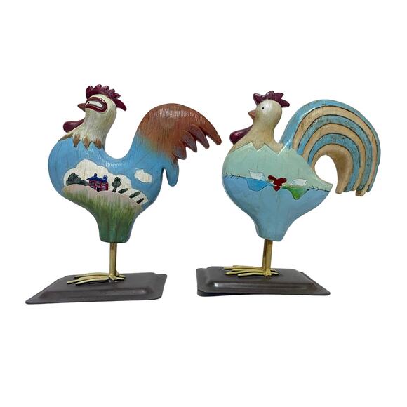Russ Berrie Rooster Folk Art Carved Wood Hand Painted 5.5" Lot of 2 - Picture 1 of 6
